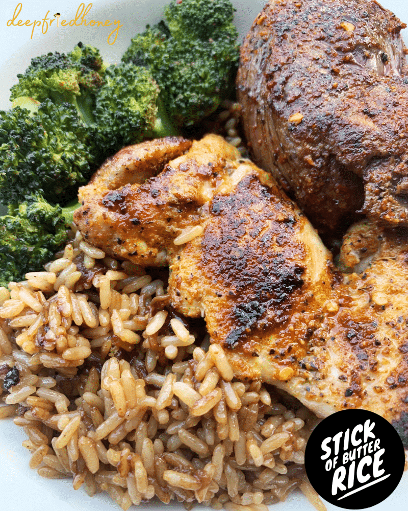 stick of butter rice with sauteed broccoli chicken and steak