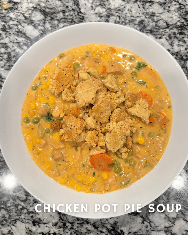 bowl of Chicken Pot Pie soup with Pie Crust Crumble Topping