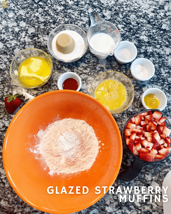 mise en place for Glazed Strawberry Muffins