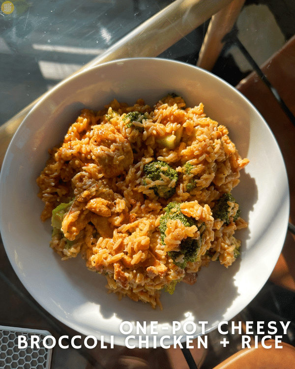 one serving of One-Pot Cheesy Broccoli Chicken and Rice