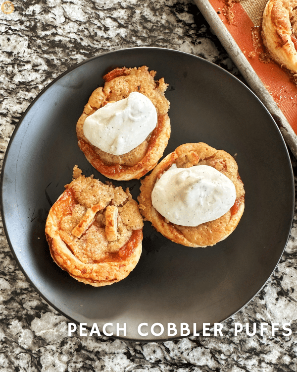 Peach Cobbler Puffs topped with chantilly cream 