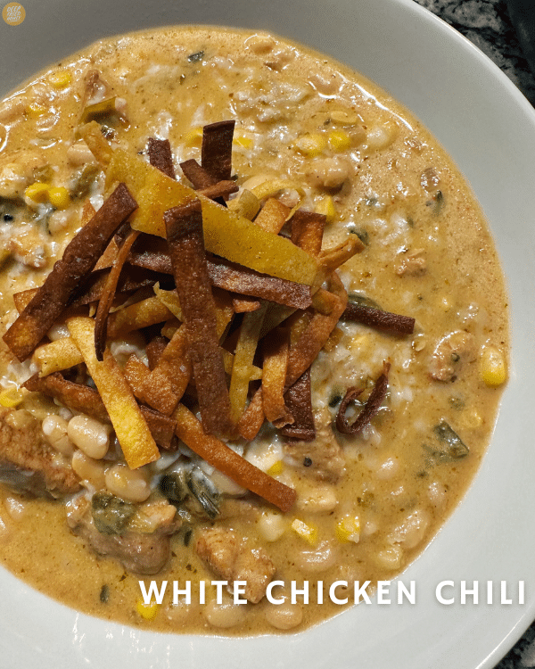 bowl of White Chicken Chili topped with tortilla strips