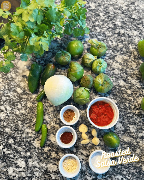 ingredients lined up on the counter: tomatillos in their husks, cilantro, peppers, an onion, a lime, garlic, and seasonings. 