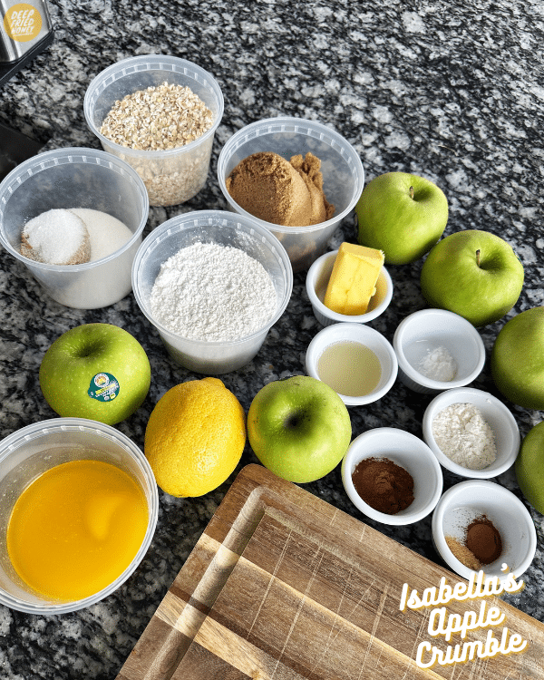 ingredients mise en place for Isabella's Apple Crumble